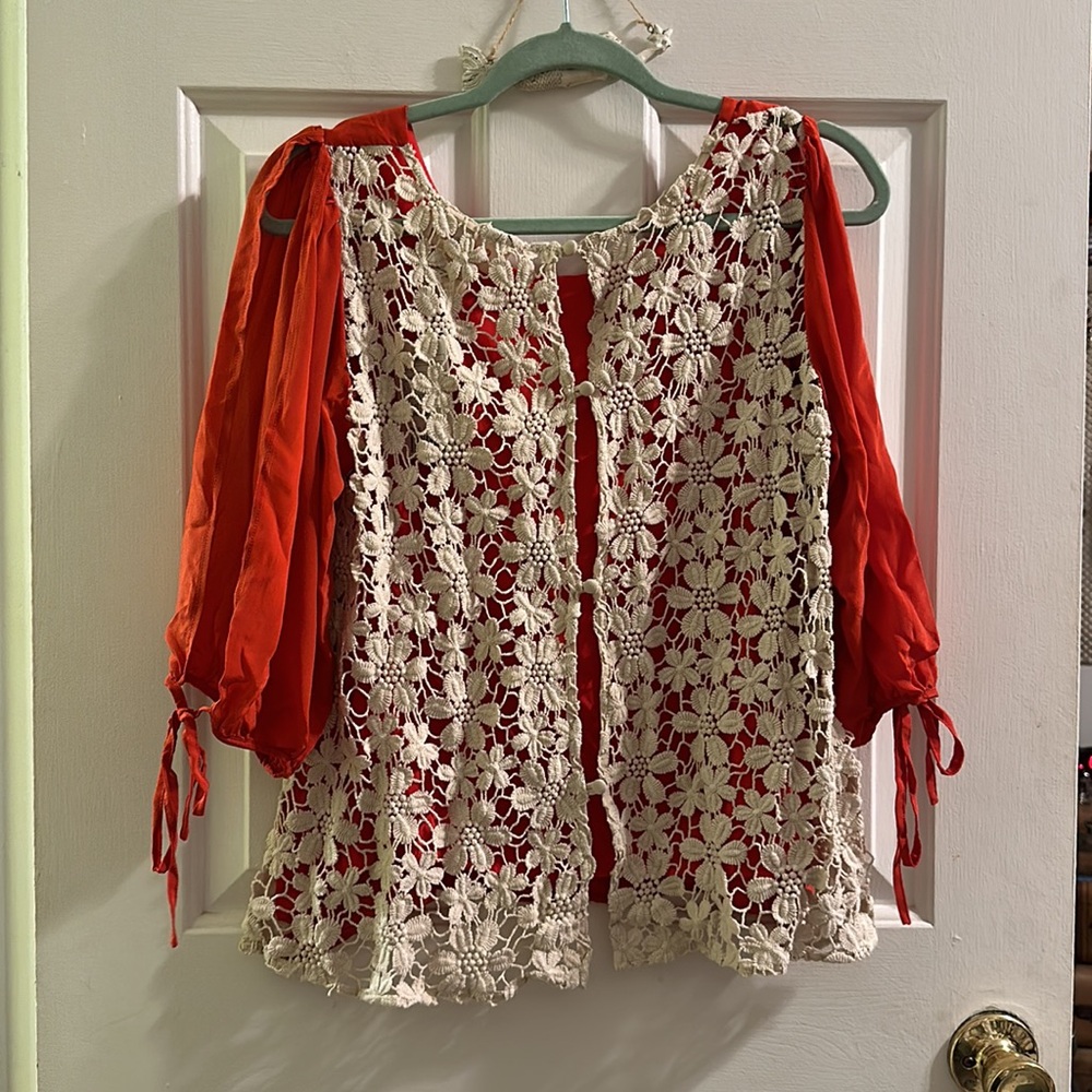 Anthropologie red silk lace back blouse